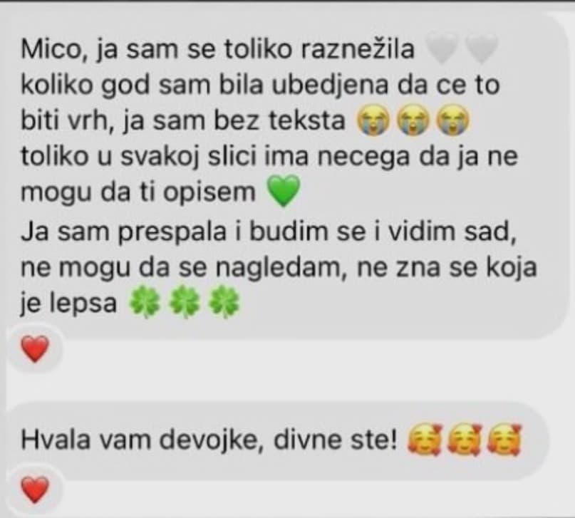 Poruka klijentkinje o nežnim fotografijama i zahvalnost fotografkinji